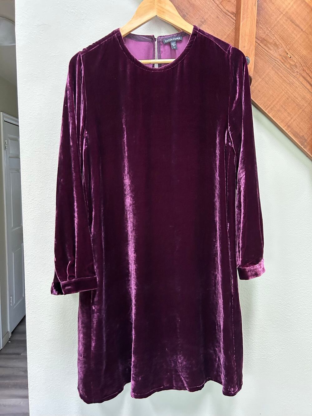 Eileen Fisher Velvet Dress Silk Blend Plum Purple Long Sleeve winter elevated